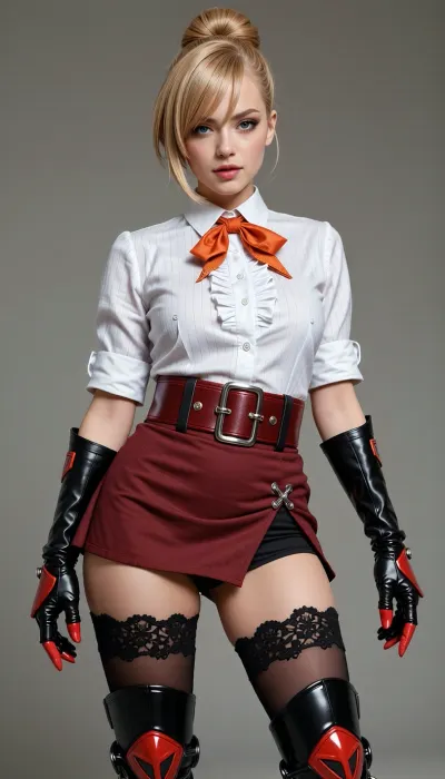 Based on the provided image, here is a detailed description of the character's hairstyle and outfit in English, ### **Hairstyle**

* **Color, ** Warm blonde.
* **Style, ** The hair is elegantly styled into a high, structured **updo**, (resembling a French twist or chignon bun), with volume at the crown.
* **Bangs, ** It features smooth, thick **side-swept bangs** that drape across her forehead to the right side of her face.

---

### **Outfit & Accessories**

* **Top, ** A white, button-up **blouse** with faint vertical pinstripes and vertical ruffles running along the front placket. The sleeves are rolled up to her elbows.
* **Neckwear, ** An orange or reddish-orange **ascot scarf** is tied neatly around her neck, tucked slightly into the unbuttoned collar of her blouse.
* **Belt, ** A wide, dark red leather **grommet belt** with large silver eyelets and a silver buckle, worn around the waist.
* **Skirt, ** A short, dark red **miniskirt** with a high side slit on her right hip, revealing a black under-layer.
* **Hands/Arms, ** Black elbow pads and black **fingerless combat gloves** with a red panel on the back of the hands.
* **Legwear, ** She wears sheer black **thigh-high stockings** featuring a wide, black floral lace top band.
* **Footwear & Guard, ** Over-the-knee **black leather boots** with a red pointed toe, red high heels, and a lace-up front with white laces. Large black knee pads with a bright red shield logo are attached over the upper section of the boots.
Big natural breasts big ass