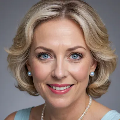 Close-up portrait of a mature woman with light skin smiling slightly. She has short, wavy blonde hair with gray undertones and light blue-steel eyes. Her eyes are lined with blue-ice eyeliner. She is wearing pearl earrings and a white collared, sleeveless blouse. The background is plain white. The lighting is bright and even, without harsh shadows. The image has a realistic style with a focus on detail. Camera angle is a medium shot, slightly above eye level. Image quality is clear and well-defined.