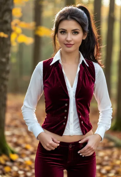 (masterpiece, best quality:1.2), 1 spanish 25yo woman, (wearing a white longsleeve shirt blouse, braless, bordeaux velvet pants and vest:1.5), bright ice blue eyes, (long raven black hair, all hair combed back and tied tightly into a ponytail:1.2), (sporty body with heavy hanging natural boobs:1.4), she is outdoors in autumn woods, photorealism, beautiful sunset, smiling look, clothes, bustysophie, <lora:style_lora_realis:.5>, <lora:Detailed_female_hands-000001:.5>, <lora:bustysophie_xl_v1.1:.8>