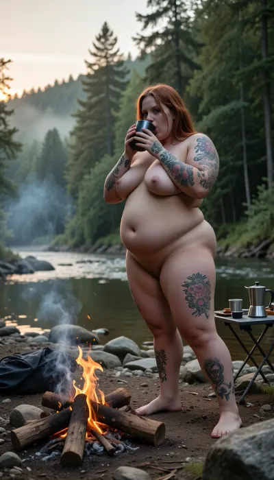 (photo, realistic style, cinematic lighting, 8K, high detail), Full body shot of a morbidly obese woman with very pale skin and shoulder-length reddish hair, standing naked by a campfire on the rocky bank of a river. She is suffering from extreme obesity, her body is massive and heavy, with large rolls of fat on her stomach, back, and legs. She has numerous tattoos covering her large arms and legs. She is holding a dark mug to her lips with both hands, drinking from it. The scene is set in a dense green forest in the early morning, a light fog hangs in the air between the trees in the background. A small campfire is burning brightly in front of her, with smoke rising up. Next to the fire is a small portable camping table with a coffee pot and other camping utensils. The lighting is soft and natural, characteristic of the golden hour at sunrise. The atmosphere is quiet and serene.