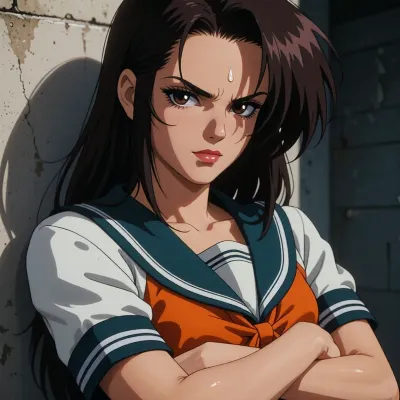 90s anime screencap, shonen style, extreme close-up, sweat drop on temple, arms crossed, leaning against wall, smug expression, single harsh overhead light, deep shadows under eyes, limited palette, only orange and deep teal, woman warrior in school uniform, sharp angular lines, cel-shaded, film grain, (4:3), composition, VHS aesthetic, saturated colors, 1998
