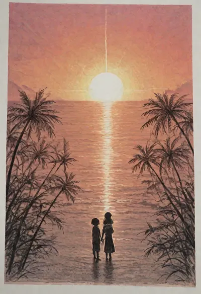 A photographer standing on a small tropical island at sunset, carefully composing a landscape shot with a professional camera. The scene features a glowing orange and pink sky, golden sunlight reflecting across calm ocean waters, scattered palm trees swaying gently in the breeze, and distant silhouettes of islands on the horizon. Rendered in a detailed colored pencil sketch style with rich hand-drawn textures, visible pencil strokes, layered shading, vibrant yet natural colors, artistic cross-hatching, and a warm, dreamy atmosphere. Highly detailed, scenic composition, traditional illustration aesthetic, beautiful sunset lighting, expressive and realistic sketch quality., <lora:crayons_v1_sdxl:.8>, (Pencil_Sketch:1.2), messy, lines, greyscale, traditional, media, sketch, unfinished, hatching, (texture), <lora:Anime_Sketch_SDXL:.8>
