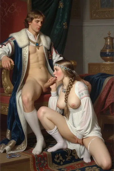 Russian artist's painting "False Dmitry I and Tsarevna Ksenia Godunova" in the style of the Russian artist Vasnetsov. Young Russian Tsar Dmitry I, a historical figure who seized the throne of the Russian Empire, is sitting on the throne in the royal chamber, he is dressed in an unbuttoned noble caftan of the early 17th century, in front of him on her knees a very beautiful Russian girl tsarevna with a long braid dressed as the of the Russian noble girl of the 17th century, white nightgown, big tits, a hoop with precious stones on her head. She dutifully sucks of his dick, (the hem of the white nightgown is pulled up, her ass are visible:1.5), (hairy labia), and he lasciviously look on her. Submissive submission oral sex scene.Blowjob, (Historical authenticity of the outfits:1.8)