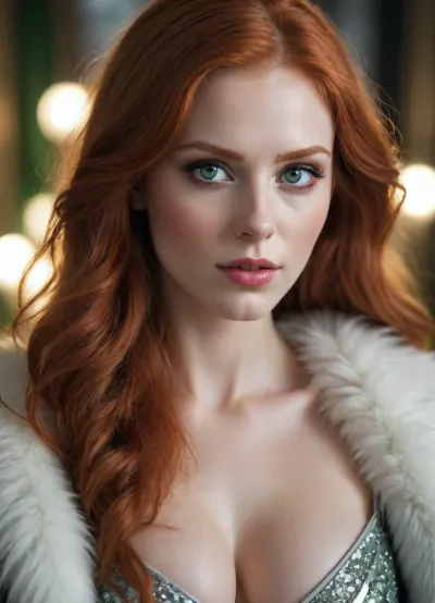 A beautiful woman with long redhead hair, green eyes, and pale skin stands next to a white li.on with silver fur, deep cleavage. Silver glitter adorns her face, in the style of fantasy art. The scene is captured with cinematic lighting and a sharp, high-resolution focus, creating a hyperrealistic, ultra-detailed fantasy image