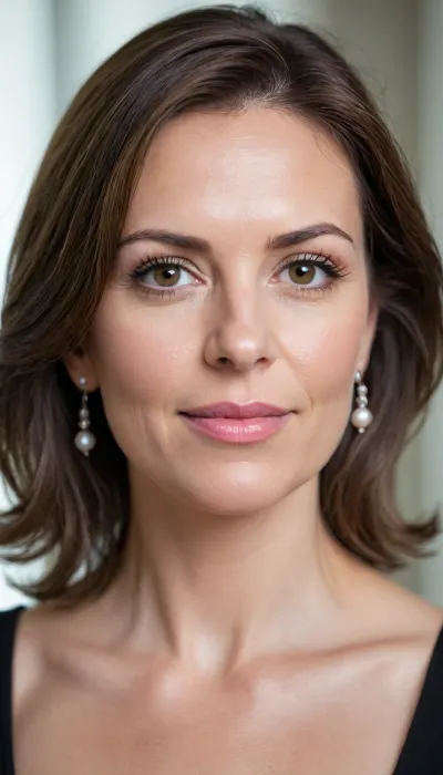 Close-up portrait of a middle-aged Caucasian woman with dark brown, layered, shoulder-length hair. She has fair skin, arched eyebrows, and hazel eyes, with light makeup including pink blush and lipstick. She is wearing small pearl earrings and is bare-shouldered. The woman is facing forward with a slight, subtle smile. The background is a soft, creamy white, creating a high-key lighting effect. The image is a well-lit, studio-style photo with shallow depth of field, focusing sharply on the woman's face. The composition is simple and centered, emphasizing the subject's features. The mood is serene and natural, like a professional headshot.