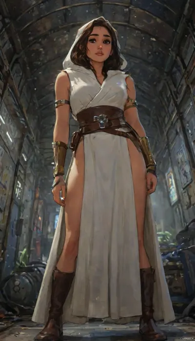 A full-body cinematic photograph of a beautiful female woman Jedi knight. She is wearing a modern, stylized Jedi outfit consisting of a form-fitting, plunge-cut sleeveless cream silk tunic, an asymmetric flowing long skirt with a daring thigh-high leg slit, and a wide brown leather obi-style utility belt wrapped tightly around her waist. She has polished metallic gold arm bracers and thigh-high leather boots. An oversized, billowing hooded Jedi robe hangs loosely off her shoulders. Holding a glowing blue lightsaber. Dramatic lighting, hyper-realistic, sci-fi concept art, highlydetailedbody, realisticface, highlydetailedhair, insanelydetailed, 8K.highdetailedskin, highresolution, perfectfingers, (ultra realistic photo:1.4), (maximum photo quality:1.4), (high resolution photo:1.4), (close-up shot:1.4), (extreme detail:1.4), (ultra realism:1.4), <lora:Character_Concepts-000007:.5>, dishap, <lora:dishap:2>, Stormtrooper, death, star, interior, space, station, style, garbage, compactor, masher, compress, wast, room, dynamic pose, sexy pose, sitting at bus stop pose, 4K, cinematic close-up, perfect anatomy, best quality, 8k, insane details, intricate details, hyperdetailed, hyper quality, ultra detailed, professional, HDR, ray tracing reflection, cinematic lighting, (j_cartoon:1.5), Drawing, uberfit, muscular, athletic, <lora:samdoesarts1.1-000030:.4>, <lora:J_cartoon:.3>, <lora:Animated_Concept:.4>