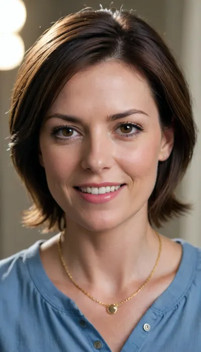 A portrait of a middle-aged woman with short, dark brown hair styled in a choppy, casual cut. She has fair skin, brown eyes, and a warm, gentle smile. She is wearing a blue button-up shirt and a delicate gold chain necklace. The background is plain white, creating a clean and simple composition. The lighting is soft and even, illuminating her face without harsh shadows. The image has a realistic style, reminiscent of a professional headshot. The camera angle is a slightly high, capturing her shoulders and upper torso. The overall mood is friendly and approachable. Focus is sharp on her face, giving clear detail.