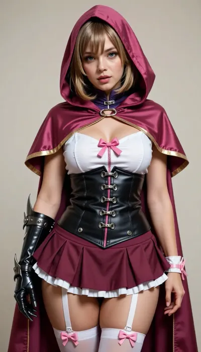* **Hair, ** She has medium-length, sandy-blonde or light brown hair. It features face-framing bangs and layered strands that fall around her face and shoulders.
* **Hood, ** A deep magenta/dark pink hood covers the top and sides of her head, leaving her bangs exposed at the front.

---

### **Outfit and Clothing**

* **Cape/Cloak, ** A flowing, matching magenta/dark pink cape attached to the hood draped over her shoulders. The cape features a thin gold trim along its edges.
* **Collar/Neckwear, ** A high, dark purple or black structured collar covers her neck up to her chin, secured with a strap and buckle.
* **Top/Corset, ** * The upper section features a white fabric bust with a distinct cutout, detailed with a pink bow and a zipper running down the center.
* The lower section is a tight-fitting black corset with prominent metallic buckles, straps, and silver studs across the waist.


* **Skirt, ** A short, pleated, dark red or maroon miniskirt with a ruffled white trim visible underneath along the hemline.

---

### **Accessories and Footwear**

* **Left Arm, (Viewer's Right), ** Her left arm is fully enclosed in a dark, metallic gauntlet with sharp, claw-like finger extensions.
* **Right Wrist, (Viewer's Left), ** Her bare right arm features a simple white wrist cuff accented by a pink ribbon/bow.
* **Legwear, ** She wears white thigh-high stockings, (thigh-highs), held up by white garter straps. The top of the stockings are lined with a pink stripe and small pink ruffles on the outer sides.
* **Shoes, ** Magenta high heels matching her cloak, decorated with a small pink and white bow on the front of each shoe.
Back view, ass view, anus wide open