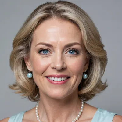 Close-up portrait of a mature woman with light skin smiling slightly. She has short, wavy blonde hair with gray undertones and light blue-steel eyes. Her eyes are lined with blue-ice eyeliner. She is wearing pearl earrings and a white collared, sleeveless blouse. The background is plain white. The lighting is bright and even, without harsh shadows. The image has a realistic style with a focus on detail. Camera angle is a medium shot, slightly above eye level. Image quality is clear and well-defined.