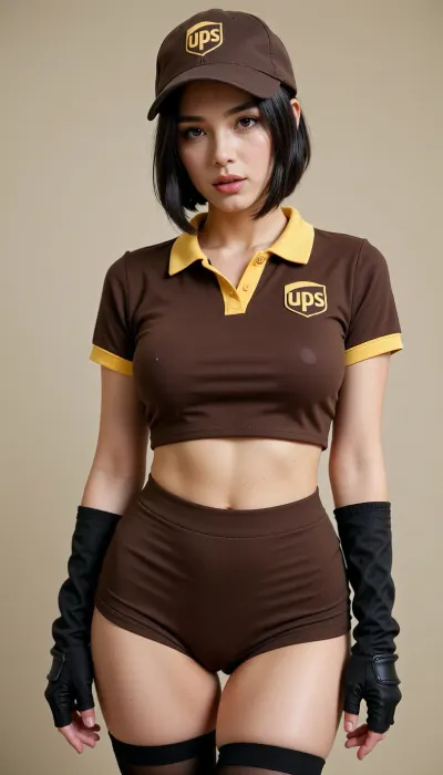 Here is a description of the outfit and hair shown in the image, ## Outfit * **Top, ** A brown, short-sleeved crop top polo shirt featuring a bright yellow collar. On the right chest, there is a logo resembling a stylized "UPS" design, (mirrored in the reflection as "29U"), . * **Bottoms, ** Matching tight-fitting, high-waisted brown shorts. * **Headwear, ** A brown baseball cap matching the uniform color, featuring the same logo on the front. * **Accessories, ** * Black fingerless gloves worn on both hands. * Black thigh-high stockings or socks visible on the upper legs.
## Hair * **Style, ** A sleek, straight bob cut that frames the face, falling just above the shoulders. * **Color, ** Solid, dark black. * **Details, ** The hair features light, wispy bangs or face-framing strands swept slightly to the sides under the cap.

Big natural breasts, big ass