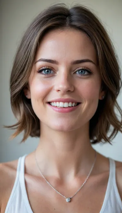 Close-up portrait of a smiling woman with short, dark brown hair with soft highlights and neatly styled. She has fair skin, light blue eyes, and natural-looking makeup emphasizing her features. The woman is wearing a delicate silver necklace. The background is a plain white wall, softly lit. The image has a shallow depth of field, with the focus primarily on her face. The overall mood is informal and friendly. Shot with a Sony Alpha camera, 50mm lens, f/2.8, ISO 400. Natural lighting, high resolution, realistic.