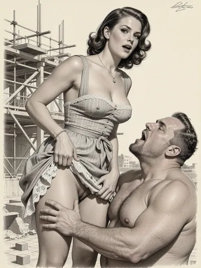 This is is a detailed monochromatic pencil drawing in a classical illustrative style depicts a scene set Beautiful sexy brown elegant hairstyle mother stands leaning over at the construction site, wearing in summer dress, the hem of the dress is pulled up, white lace, fully clothed very ugly lustful fat construction worker who are Grabs her labia with his hand looking up, seductive face, very excited, lustful man's face, The overall mood is intense, rendered in fine, expressive line work and subtle shading, evoking the style of 1950s satirical or moralistic illustrations.