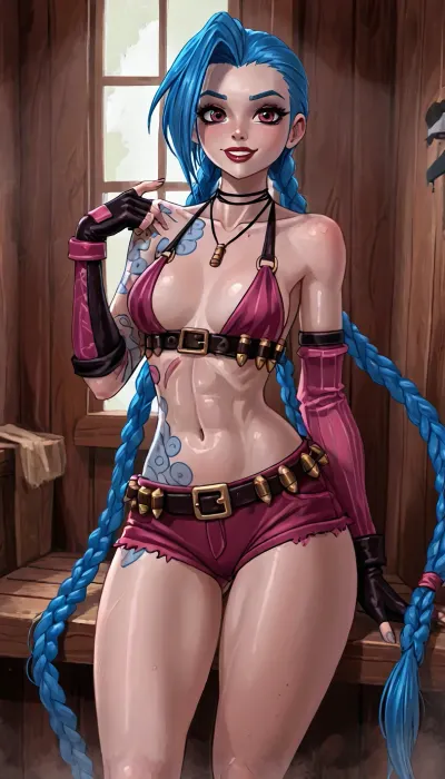 (innv meets jack cayless style), reiq style, masterpiece, cel-shaded, limited color palette, ((beautiful muscles sexy Jinx from League of Legends body)), alone, (big wide curves muscles body), (seductive face, ads, perfect breast, perfect muscles, perfect legs, perfect ass, perfect feet, sweaty body, hard nipples, pubic hairy pussy, wise fat pussy, looking erotic), Jinx from League of Legends tattoos, ((Jinx from League of Legends costume:1.2)), (camel toed), (front facing seductive pose), (inside, sauna, steam, hotel, punk), ultraviolet light, LoL, Style, (league, of, legends\), 1girl, solo, twin, braids, single, elbow, glove, short, shorts, bikini, top, only, necklace, belt, fingerless, gloves, jinx, (league, of, legends), <lora:LCMTurboMix_Euler_A_fix:2>, <lora:EnvyCuteXL01v12:2>, <lora:EnvyAnimeDigitalPaintingXL01:2>, <lora:jinx:2>, <lora:MIAOKA_JINX_1.0_SDXL:2>