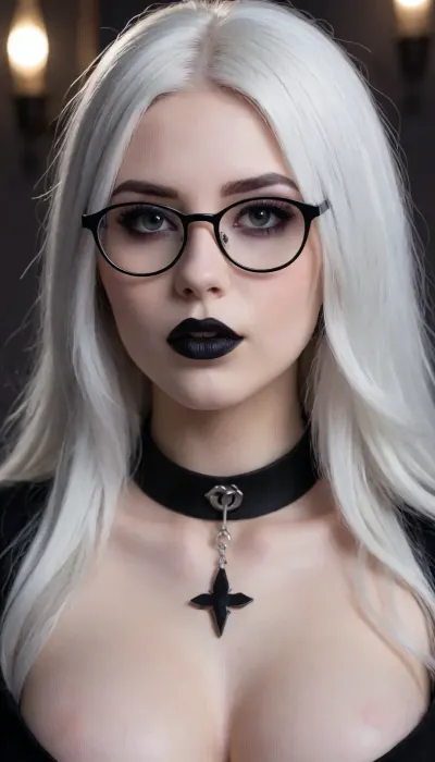 girl, goth, glasses, white skin, black lipstick, black hair, white hair, long hair, choker necklace, black clothes, huge breast, cleavage