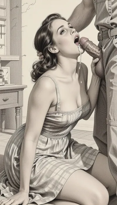 This is is a detailed monochromatic pencil drawing in a classical illustrative style depicts a scene set Beautiful sexy brown elegant hairstyle mother Squatting in a room of a building under construction, wearing in summer dress, fully clothed very ugly lustful fat construction worker in the coverall, mother deepthroating his cock, man's hand on her head, looking up, cum in mouth, seductive face, The overall mood is intense, rendered in fine, expressive line work and subtle shading, evoking the style of 1950s satirical or moralistic illustrations.