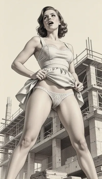 This is is a detailed monochromatic pencil drawing in a classical illustrative style depicts a scene set Beautiful sexy brown elegant hairstyle mother stands with her legs apart at the construction site, wearing in summer dress, the hem of the dress is pulled up, white lace panties, looking up, seductive face, very excited, view from below, The overall mood is intense, rendered in fine, expressive line work and subtle shading, evoking the style of 1950s satirical or moralistic illustrations.