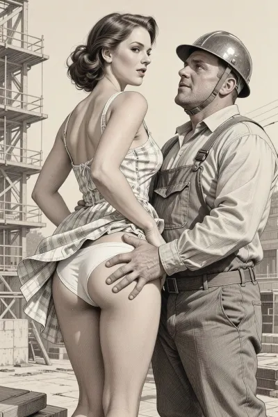 This is is a detailed monochromatic pencil drawing in a classical illustrative style depicts a scene set Beautiful sexy brown elegant hairstyle mother stands leaning over at the construction site, wearing in summer dress, the hem of the dress is pulled up, white panties are down, fully clothed very ugly lustful fat construction worker in the coverall and a construction helmet who are hard Grabs her bottom with his hand, looking up, seductive face, mocking smile on man's ugly face, rear view, The overall mood is intense, rendered in fine, expressive line work and subtle shading, evoking the style of 1950s satirical or moralistic illustrations.