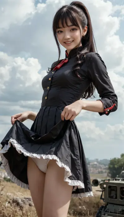 1girl of 28 years old, cute asian, smile, (slim body, slim legs, slim thigh:1.02), (matte black military uniform with thin red line, pleated matte black dress skirt, frills skirt:1.02), (many under skirt of white, peticoat:1.22), (windy up, lift up, flutter up wildly, white sexy panty, ultra-detailed panty:1.25), volumy hair, high-ponytail, (very long straight black hair that reached her thigh:1.05), black eyes, (her breast of G-cups:1.04), spread hands, raised hand, (military, warship hanger:1.05), (realistic:1.24), <lora:HandFineTuning_XL:1>, <lora:japanese_girl_v1.1:1.4>, <lora:cute_girls_xl_v1:1.6>