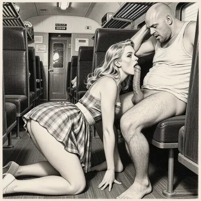 This is a detailed monochromatic pencil drawing in a classical illustrative style depicts a scene set in1950s /USSR, (((1950 pinup style))), dirty reserved seat of a long-distance train carriage, a very beautiful blonde hair in pin-up style MILF, she is dressed in a swinger dress, 1950s dress, The hem of her dress is up, She's Standing on all fours on the floor of the carriage compartment and sucking a dick from a sucks on a seated man next to her a fat unshaven bald lustful man in only a sloppy tank top, (((a woman's head near a man's groin))), ass up, female orgasm, He's mocking her, hardcore deep blowjob, deepthroating, cheating, his hand on her head, her tits are shaking in time with the movements of his pelvis, driving his cock into her mouth, (cuckold sex scene:1.5), messy Bob cut, Ad, Russia, Style, vintage, advertisement, retro, 1950's . The overall style is a black and white pencil drawing, capturing a candid moment. The scene has a formal, organized atmosphere. The overall mood is intense, rendered in fine, expressive line work and subtle shading, evoking the style of 1950s satirical or moralistic illustrations.