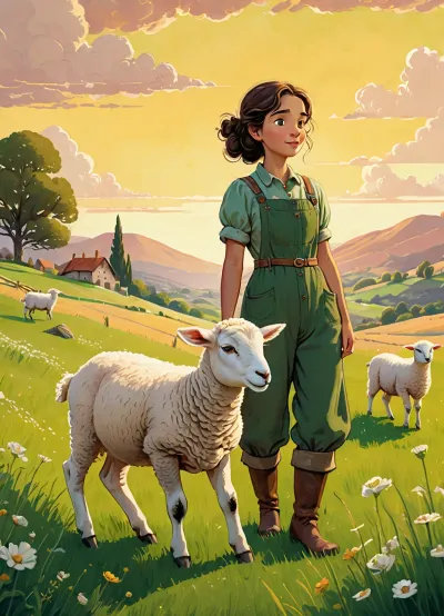 A charming illustration in the style of a children's book, depicting a shepherdess standing in a green meadow with several lambs. The illustration features a warm and cozy color palette, bright lighting, a whimsical artistic style, and a detailed background.