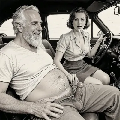 This is a detailed monochromatic pencil drawing in a classical illustrative style depicts a scene set 1950s, (obese bearded white haired older dilf in passenger seat receiving handjob by milf woman in driver seat), POV, lustful smile, focused on hairy scrotum, milf woman in driver seat is helping older dilf cum, precum, dripping older dilf's cocks, (((beautiful short brown hair milf, madam with hourglass figure, she is wearing in an open blouse and a skirt, (wide hips)))), (the man one hand grops woman's hip), undersides of penis, dimly lit, tiny penis, sitting in car, fat and skinny, receiving handjob, v neck t shirt pulled up above big hairy belly, ((pubic hair:1.7)), cum on woman's lips, sweatpants pulled down, masturbation, hairy scrotum. The overall mood is intense, rendered in fine, expressive line work and subtle shading, evoking the style of 1950s satirical or moralistic illustrations.