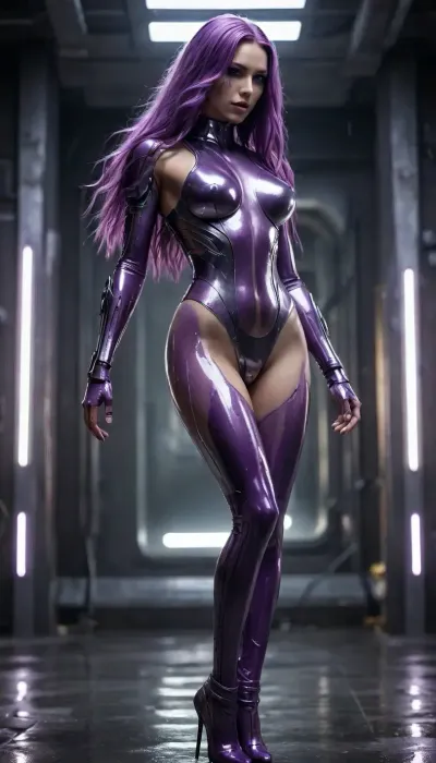 „Seductive cyberpunk woman with long purple hair, futuristic purple and silver armored bodysuit, robotic hands, water dripping from fingers and thighs, dramatic lighting, glossy wet skin, high heels, full body, highly detailed“