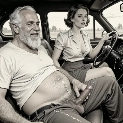 This is a detailed monochromatic pencil drawing in a classical illustrative style depicts a scene set 1950s, (obese bearded white haired older dilf in passenger seat receiving handjob by milf woman in driver seat), POV, lustful smile, focused on hairy scrotum, milf woman in driver seat is helping older dilf cum, precum, dripping older dilf's cocks, (((beautiful short brown hair milf, madam with hourglass figure, she is wearing in an open blouse and a skirt, (wide hips)))), (the man one hand grops woman's hip), undersides of penis, dimly lit, tiny penis, sitting in car, fat and skinny, receiving handjob, v neck t shirt pulled up above big hairy belly, ((pubic hair:1.7)), cum on woman's lips, sweatpants pulled down, masturbation, hairy scrotum. The overall mood is intense, rendered in fine, expressive line work and subtle shading, evoking the style of 1950s satirical or moralistic illustrations.
