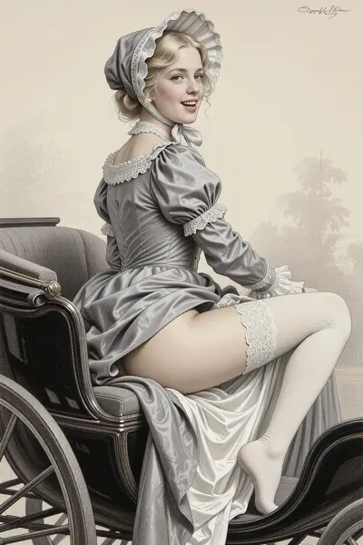 This is a detailed monochromatic pencil drawing in a classical illustrative style depicts a scene set in 19th century The Russian Empire, a very beautiful Russian aristocrat girl, innocent 21 years old blonde, slutty smile, bonnet hat, blue eyes, white stockings, narrow butt hips, a glance to the side, open mouth, beautiful gray gown, (sitting in a carriage with her legs spread and the hem of her dress lifted), (silk with lace white panties and stockings are visible), side view from below, woman, ladydim, victorian, . The overall mood is intense, rendered in fine, expressive line work and subtle shading, evoking the style of 1950s satirical or moralistic illustrations.