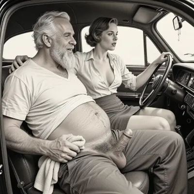 This is a detailed monochromatic pencil drawing in a classical illustrative style depicts a scene set 1950s, (obese bearded white haired older dilf in passenger seat receiving handjob by milf woman in driver seat), POV, lustful smile, focused on hairy scrotum, milf woman in driver seat is helping dilf cum, precum, dripping cocks, (((beautiful short brown hair milf, madam with hourglass figure, she is wearing in an open blouse and a skirt, (wide hips), in driver seat jerks-off his cock))), (the man puts one arm around the woman's shoulders), undersides of penis, hairy nutsack hand towel, dimly lit, tiny penis, sitting in car, fat and skinny, receiving handjob, v neck t shirt pulled up above big hairy belly, ((pubic hair:1.7)), sweatpants pulled down, masturbation, hairy scrotum. The overall mood is intense, rendered in fine, expressive line work and subtle shading, evoking the style of 1950s satirical or moralistic illustrations.