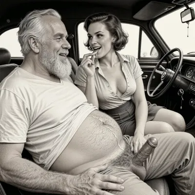 This is a detailed monochromatic pencil drawing in a classical illustrative style depicts a scene set 1950s, (obese bearded white haired older dilf in passenger seat receiving handjob by milf woman in driver seat), POV, lustful smile, focused on hairy scrotum, milf woman in driver seat is helping older dilf cum, precum, dripping older dilf's cocks, (((beautiful short brown hair milf, madam with hourglass figure, she is wearing in an open blouse and a skirt, (wide hips)))), (the man one hand grops woman's hip), undersides of penis, dimly lit, tiny penis, sitting in car, fat and skinny, receiving handjob, v neck t shirt pulled up above big hairy belly, ((pubic hair:1.7)), cum on woman's lips, sweatpants pulled down, masturbation, hairy scrotum. The overall mood is intense, rendered in fine, expressive line work and subtle shading, evoking the style of 1950s satirical or moralistic illustrations.