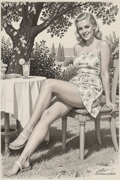 This is is a detailed monochromatic pencil drawing in a classical illustrative style depicts a scene set blonde german 26yo beautiful slim woman, beautiful long legs, sitting in the garden on a warm summerday in the schade of a tree by a table, cool lemonade nearby wearing a simple flowered summerdress and sandals, wears a toe ring, the legs are slightly apart, white panties are visible, smiling into the camera for a remembering photo, full body view, show feet. The overall mood is intense, rendered in fine, expressive line work and subtle shading, evoking the style of 1950s satirical or moralistic illustrations.
