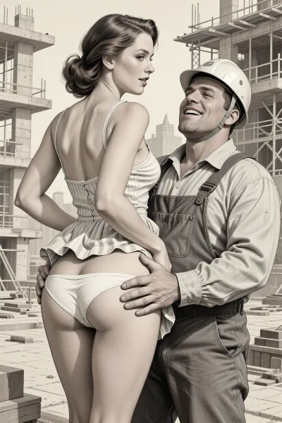 This is is a detailed monochromatic pencil drawing in a classical illustrative style depicts a scene set Beautiful sexy brown elegant hairstyle mother stands leaning over at the construction site, wearing in summer dress, the hem of the dress is pulled up, white panties are down, fully clothed very ugly lustful fat construction worker in the coverall and a construction helmet who are hard Grabs her bottom with both his hands, looking up, seductive face, mocking smile on man's ugly face, rear view, The overall mood is intense, rendered in fine, expressive line work and subtle shading, evoking the style of 1950s satirical or moralistic illustrations.