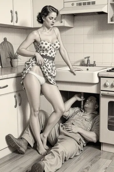 This is is a detailed monochromatic pencil drawing in a classical illustrative style depicts a scene set Beautiful sexy brown elegant hairstyle mother Stands in the kitchen of a Soviet apartment next to the sink, wearing in summer dress, Her legs are slightly spread apart, (her white panties are visible), She watches as a worker lying under the sink repairs it, fully clothed very ugly lustful fat worker in the coverall, looking up, seductive face, (Peeping scene and exhibitionism), The overall mood is intense, rendered in fine, expressive line work and subtle shading, evoking the style of 1950s satirical or moralistic illustrations.