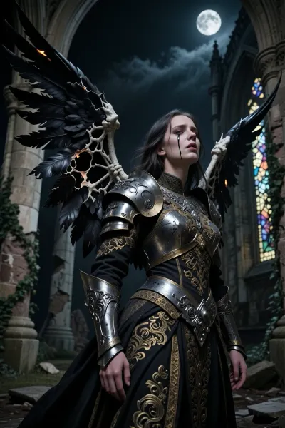 A masterful, dark, and melancholic Gothic medium close-up portrait of a fallen angel stands at the center of a ruined, roofless Gothic cathedral beneath a dramatic night sky. Her expression, both powerful and sorrowful, is pierced by a thin obsidian tear that runs down her pale cheek. Her massive, damaged wings reveal burnt, torn, charcoal-colored feathers and exposed bone structure. Her garments evoke faded grandeur, a brocade robe embroidered with tarnished gold and fragments of armor in corroded silver filigree. Her haunting, expressive gaze is slightly raised to the heavens. In the background, crumbling stone pillars are draped in ivy, and shattered stained-glass windows catch the pale moonlight. A dramatic chiaroscuro creates a striking contrast between the deep shadows and the moonlight illuminating her face. The anatomy of the face and body is impeccable, the focus is perfect, the cinematic texture is of high quality, with a wealth of detail in the stone and fabrics. The photograph was shot on 35mm film with deep blacks.