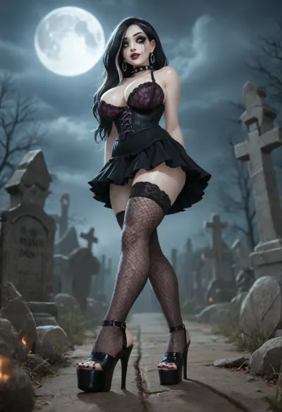 loggus doggus art, jack cayless art, cle masahiro art, reiq art, .Highly detaild UHD, photorealistic., (large perky round breasts:1.4), (black hair, white highlights), (pale skin:2), long hair, (purple headband:1), multiple earrings, pink lipgloss, (dark green eyes:1), (black toenails:1.2), dark makeup, running makeup, smeared makeup, spiked collar, instagram makeup, sultry smile, is captured in a close-up, low-angle shot, outside, gravestones, night, moon, cemetery, (black fishnet stockings:1.2), (open toe platform heels:1), shallow depth of field, see up skirt, pink panties, frilly skirt, black corset, lace purple bra