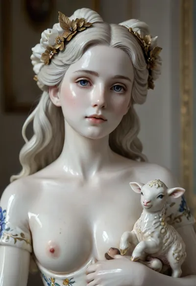 Hyper-realistic photograph of a fine porcelain figurine, 8k. A delicate erotic shepherdess standing, exquisite hand-painted detail, 18th century Rococo style. sad expression, (hand-painted doll face:.8), nude, breast exposed, (white porcelain skin and hair:1.1), gold trim, flower garland in her hair, (holding a lamb:1.1), Pure white glazed porcelain, subtle translucency, soft studio lighting, drawing-room in the background, shallow depth of field. medium shoot, Canon EOS R5, 85mm f/2.8. Masterpiece, photorealistic, highly detailed., <lora:bwporcelaincd_xl-000007:1.3>, <lora:PAseer-SDXL-B＆WPorcelain:1.3>