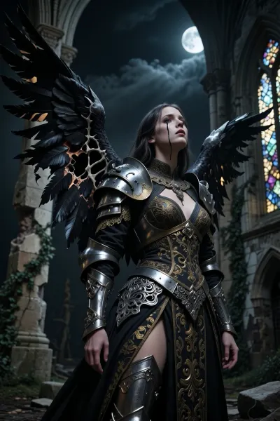 A masterful, dark, and melancholic Gothic medium close-up portrait of a fallen angel stands at the center of a ruined, roofless Gothic cathedral beneath a dramatic night sky. Her expression, both powerful and sorrowful, is pierced by a thin obsidian tear that runs down her pale cheek. Her massive, damaged wings reveal burnt, torn, charcoal-colored feathers and exposed bone structure. Her garments evoke faded grandeur, a brocade robe embroidered with tarnished gold and fragments of armor in corroded silver filigree. Her haunting, expressive gaze is slightly raised to the heavens. In the background, crumbling stone pillars are draped in ivy, and shattered stained-glass windows catch the pale moonlight. A dramatic chiaroscuro creates a striking contrast between the deep shadows and the moonlight illuminating her face. The anatomy of the face and body is impeccable, the focus is perfect, the cinematic texture is of high quality, with a wealth of detail in the stone and fabrics. The photograph was shot on 35mm film with deep blacks.