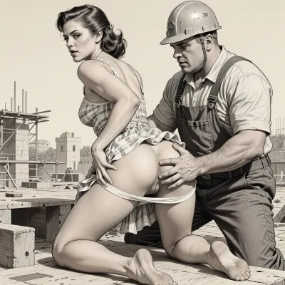 This is is a detailed monochromatic pencil drawing in a classical illustrative style depicts a scene set Beautiful sexy brown elegant hairstyle mother Standing on all fours at the construction site, wearing in summer dress, the hem of the dress is pulled up, white panties are down, fully clothed very ugly lustful fat construction worker in the coverall and a construction helmet who are roughly hard Grabs her bottom with both his hands, seductive face, rear view, The overall mood is intense, rendered in fine, expressive line work and subtle shading, evoking the style of 1950s satirical or moralistic illustrations.
