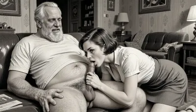 This is a detailed monochromatic pencil drawing in a classical illustrative style depicts a scene set blowjob in 1950s, (obese bearded white haired older dilf sitting on the couch in the living room of a Soviet apartment receiving blowjob by milf woman Kneeling in front of him), POV, lustful smile, focused on hairy scrotum, milf woman is helping older dilf cum, sucks the older dilf's cocks, (((beautiful short brown hair milf, madam with hourglass figure, she is wearing in an open blouse and a skirt, (wide hips)))), ((the woman tilted her head to older man's groin)), (((the woman looks at the camera))), (the man one hand on woman's head), her skirt lift, ass up, undersides of penis, ((a woman sucks of a man's penis)), dimly lit, tiny penis, sitting on the couch in the living room of a Soviet apartment, fat and skinny, v neck t shirt pulled up above big hairy belly, ((pubic hair:1.7)), ((scene deepthroating:1.5)), ((cock deep in a woman's mouth:1.5)), cum on woman's lips, hairy scrotum. The overall mood is intense, rendered in fine, expressive line work and subtle shading, evoking the style of 1950s satirical or moralistic illustrations.