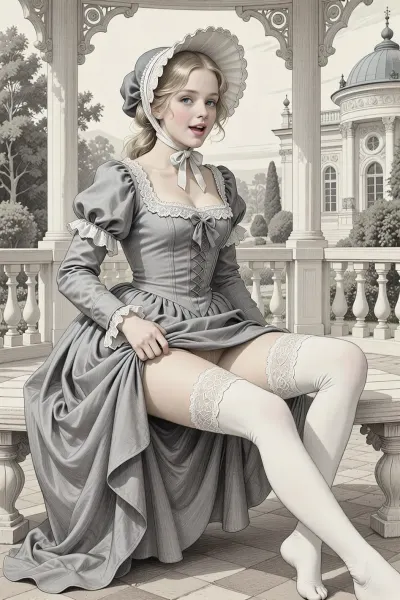 This is a detailed monochromatic pencil drawing in a classical illustrative style depicts a scene set in 19th century The Russian Empire, a very beautiful Russian aristocrat girl, innocent 21 years old blonde, slutty smile, bonnet hat, blue eyes, white stockings, narrow butt hips, a glance to the side, open mouth, beautiful gray gown, (sitting on a bench in the gazebo of the rich house park with her legs spread and the hem of her dress lifted), Her legs are slightly spread apart, (silk with lace white stockings and hairy pussy are visible), ((hairy labia:1.4)), side view from below, woman, ladydim, victorian. The overall mood is intense, rendered in fine, expressive line work and subtle shading, evoking the style of 1950s satirical or moralistic illustrations.