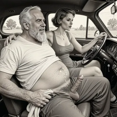 This is a detailed monochromatic pencil drawing in a classical illustrative style depicts a scene set 1950s, (obese bearded white haired older dilf in passenger seat receiving handjob by milf woman in driver seat), POV, lustful smile, focused on hairy scrotum, milf woman in driver seat is helping dilf cum, precum, dripping cocks, (((beautiful short brown hair milf, madam with hourglass figure, she is wearing in dress, (wide hips), in driver seat jerks-off his cock))), (the man puts one arm around the woman's shoulders), undersides of penis, hairy nutsack hand towel, dimly lit, tiny penis, sitting in car, fat and skinny, receiving handjob, v neck t shirt pulled up above big hairy belly, ((pubic hair:1.7)), sweatpants pulled down, masturbation, hairy scrotum. The overall mood is intense, rendered in fine, expressive line work and subtle shading, evoking the style of 1950s satirical or moralistic illustrations.