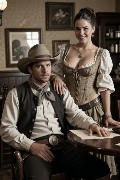 a man sitting at a table in a 19th century saloon in the old west in full traditional and realistic cowboy clothes and gear, Standing next to him with a hand on his shoulder is a typical old west saloon woman wearing 19th century saloon girl clothes, the woman is beautiful and busty, the woman is smiling, the man is serious. the picture is very old and monochromatic, (shades of beige), masterpiece, best quality, photorealistic