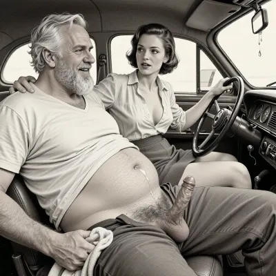 This is a detailed monochromatic pencil drawing in a classical illustrative style depicts a scene set 1950s, (obese bearded white haired older dilf in passenger seat receiving handjob by milf woman in driver seat), POV, lustful smile, focused on hairy scrotum, milf woman in driver seat is helping dilf cum, precum, dripping cocks, (((beautiful short brown hair milf, madam with hourglass figure, she is wearing in an open blouse and a skirt, (wide hips), in driver seat jerks-off his cock))), (the man puts one arm around the woman's hip), undersides of penis, hairy nutsack hand towel, dimly lit, tiny penis, sitting in car, fat and skinny, receiving handjob, v neck t shirt pulled up above big hairy belly, ((pubic hair:1.7)), sweatpants pulled down, masturbation, hairy scrotum. The overall mood is intense, rendered in fine, expressive line work and subtle shading, evoking the style of 1950s satirical or moralistic illustrations.
