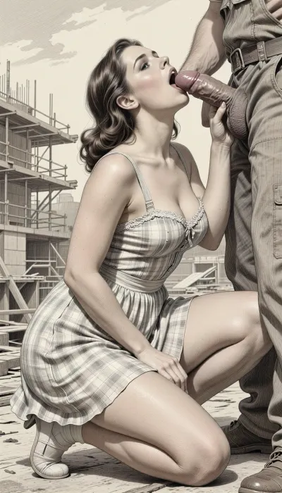 This is is a detailed monochromatic pencil drawing in a classical illustrative style depicts a scene set Beautiful sexy brown elegant hairstyle mother Squatting at the construction site, wearing in summer dress, fully clothed very ugly lustful fat construction worker in the coverall, mother deepthroating his cock, man's hand on her head, looking up, seductive face, The overall mood is intense, rendered in fine, expressive line work and subtle shading, evoking the style of 1950s satirical or moralistic illustrations.