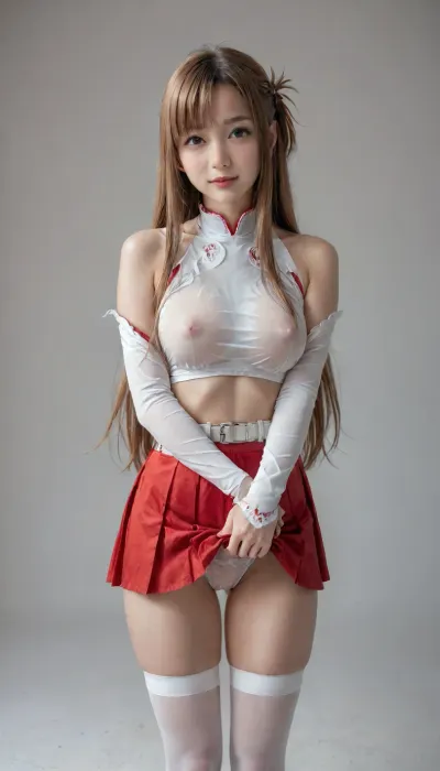 cute asian of 25 years old, little smile, staring at me, (slim legs, slim thigh:1.08), volumy hair, (very long straight brown hair that reached her thigh:1.04), (see-through her boobs of E-cups, bouncing breasts:1.06), yuuki asuna cosplay of sao, anime, asuna_\, (sao\), lift up red_skirt with some white line, white costume with some red line, detached_sleeves, white_thighhighs, brown_eyes, transparent breastplate, red pleated_skirt, miniskirt, white_belt, (red pleated skirt with some white line:1.11), (costume that faithfully recreate the anime, detailed costume:1.12), (white panty, detailed panty, sexy panty, visible panty, looking panty:1.09), direct front of her slim legs, (realistic, high quality:1.14), <lora:japanese_girl_v1.1:1.4>, <lora:cute_girls_xl_v1:1.6>, <lora:asuna:1.2>