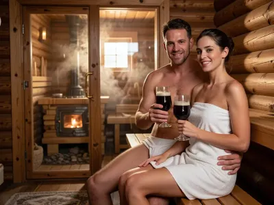 A cozy, modern Russian banya. In the foreground, a relaxed man and woman sit together on a wooden bench, smiling and holding tall glasses filled with dark, frothy kvass. They are wrapped in white cotton bath towels. In the background, visible through a glass door, is a hot Russian steam room filled with steam and featuring a stove. Warm golden lighting, rays of sunlight streaming through a small window, misty steam, cinematic lighting, photorealism, high resolution