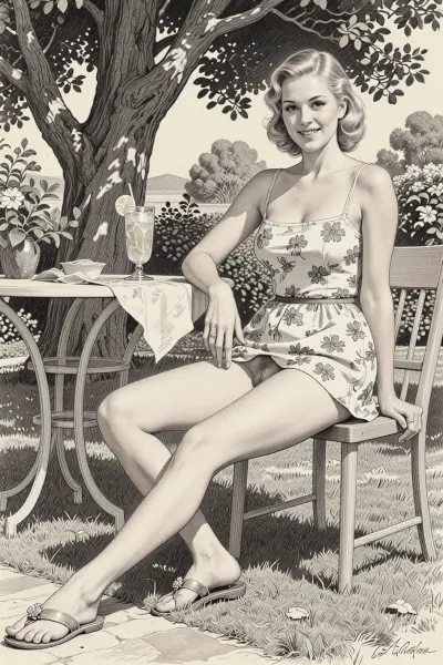 This is is a detailed monochromatic pencil drawing in a classical illustrative style depicts a scene set blonde german 26yo beautiful slim woman, beautiful long legs, sitting in the garden on a warm summerday in the schade of a tree by a table, cool lemonade nearby wearing a simple flowered summerdress and sandals, wears a toe ring, the legs are slightly apart, the hairy pubis and labia are visible, smiling into the camera for a remembering photo, full body view, show feet. The overall mood is intense, rendered in fine, expressive line work and subtle shading, evoking the style of 1950s satirical or moralistic illustrations.
