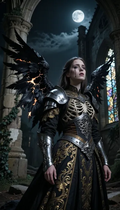 A masterful, dark, and melancholic Gothic medium close-up portrait of a fallen angel stands at the center of a ruined, roofless Gothic cathedral beneath a dramatic night sky. Her expression, both powerful and sorrowful, is pierced by a thin obsidian tear that runs down her pale cheek. Her massive, damaged wings reveal burnt, torn, charcoal-colored feathers and exposed bone structure. Her garments evoke faded grandeur, a brocade robe embroidered with tarnished gold and fragments of armor in corroded silver filigree. Her haunting, expressive gaze is slightly raised to the heavens. In the background, crumbling stone pillars are draped in ivy, and shattered stained-glass windows catch the pale moonlight. A dramatic chiaroscuro creates a striking contrast between the deep shadows and the moonlight illuminating her face. The anatomy of the face and body is impeccable, the focus is perfect, the cinematic texture is of high quality, with a wealth of detail in the stone and fabrics. The photograph was shot on 35mm film with deep blacks.