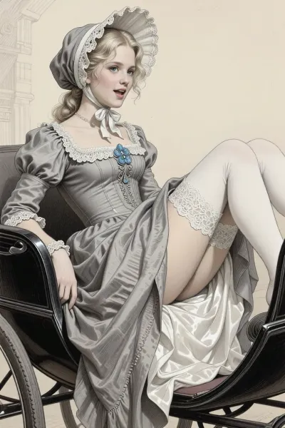 This is a detailed monochromatic pencil drawing in a classical illustrative style depicts a scene set in 19th century The Russian Empire, a very beautiful Russian aristocrat girl, innocent 21 years old blonde, slutty smile, bonnet hat, blue eyes, white stockings, narrow butt hips, a glance to the side, open mouth, beautiful gray gown, (sitting in a carriage with her legs spread and the hem of her dress lifted), (silk with lace white panties and stockings are visible), side view from below, woman, ladydim, victorian, . The overall mood is intense, rendered in fine, expressive line work and subtle shading, evoking the style of 1950s satirical or moralistic illustrations.