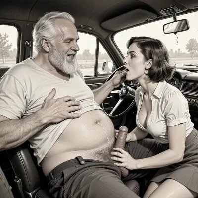 This is a detailed monochromatic pencil drawing in a classical illustrative style depicts a scene set petting in 1950s, (obese bearded white haired older dilf in passenger seat receiving A passionate kiss by milf woman Standing on all fours in driver seat), POV, lustful smile, focused on hairy scrotum, milf woman in driver seat is helping older dilf cum, masturbating the older dilf's cocks, (((beautiful short brown hair milf, madam with hourglass figure, she is wearing in an open blouse and a skirt, (wide hips)))), (((the woman looks at the older man))), (((her skirt pulled up:1.5)), ((her naked bottom is visible)), ((older man rough grabs her tits hard:1.4)), undersides of penis, ((a woman masturbating of a man's penis)), dimly lit, tiny penis, sitting in car, fat and skinny, v neck t shirt pulled up above big hairy belly, ((pubic hair:1.7)), cum on woman's lips, sweatpants pulled down, petting in the car, hairy scrotum. The overall mood is intense, rendered in fine, expressive line work and subtle shading, evoking the style of 1950s satirical or moralistic illustrations.)